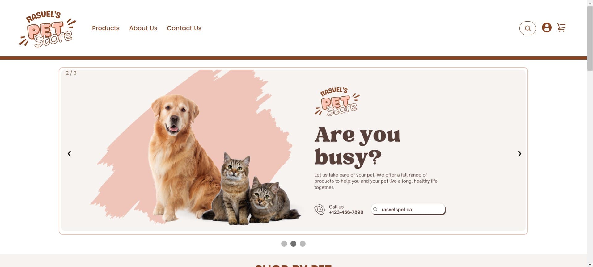 Screenshot of Rasvel's Pet Store - A modern pet store website with dynamic features including product filtering, se...