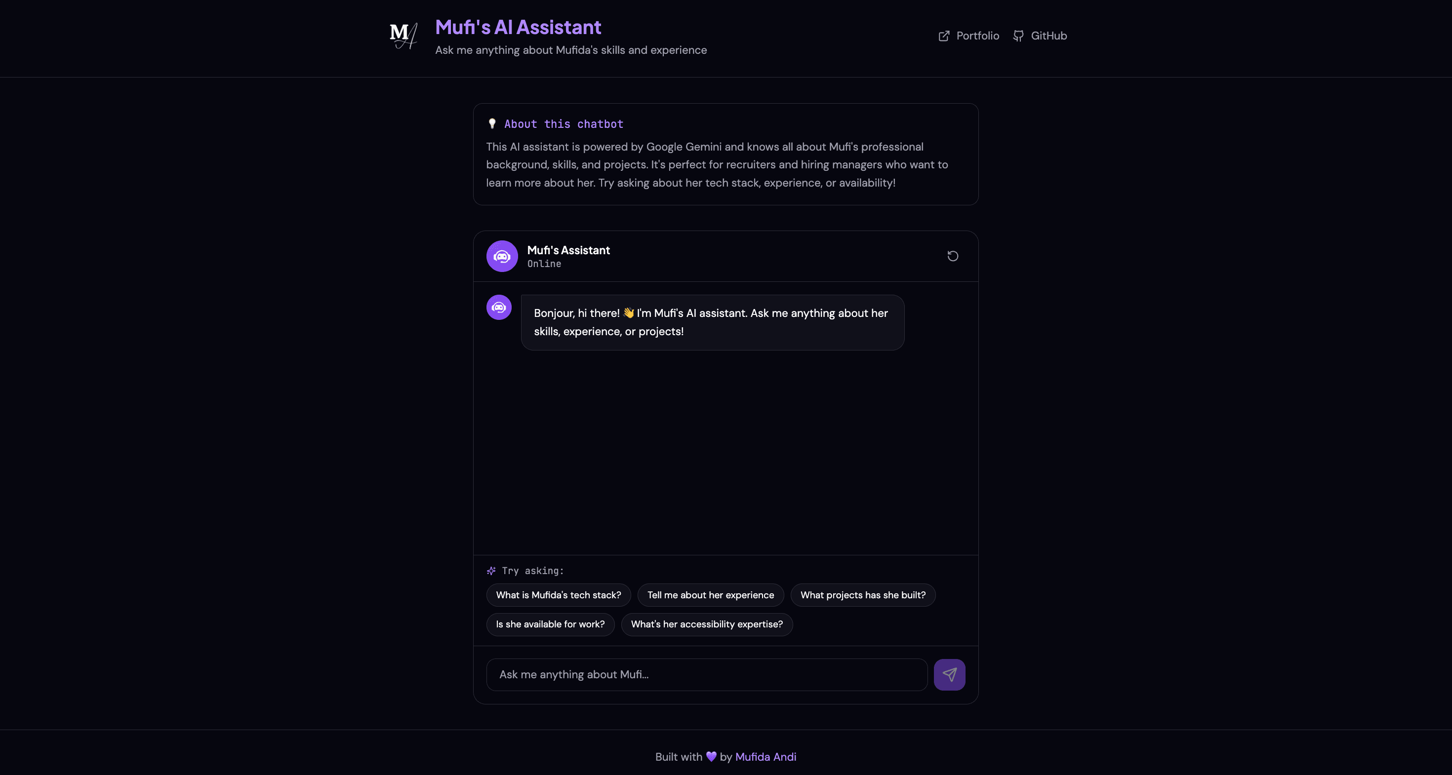 Screenshot of AI Chatbot Assistant - An intelligent chatbot powered by Google Gemini AI that answers questions about ...